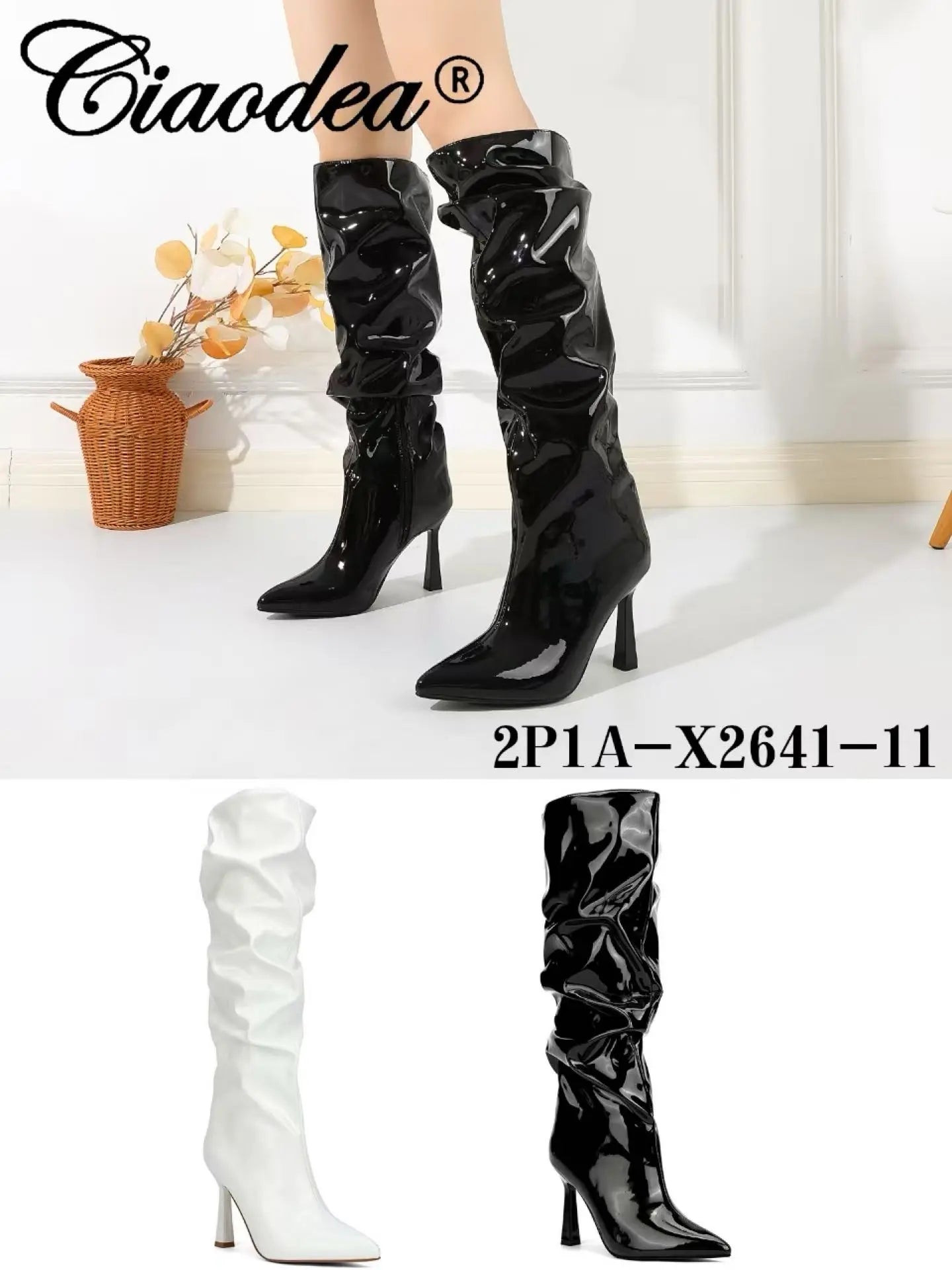 Stivali alti fino al ginocchio in vernice con tacco a spillo nero - SUNTIMEMODA