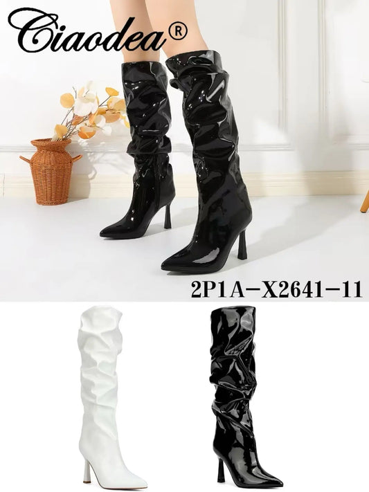 Stivali alti fino al ginocchio in vernice con tacco a spillo nero - SUNTIMEMODA