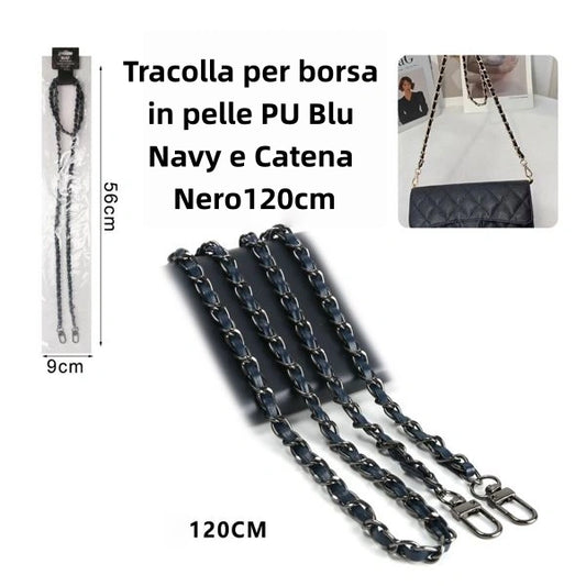 Tracolla Pelle PU BLU-NAVY e Catena nero 120cm - SUNTIMEMODA