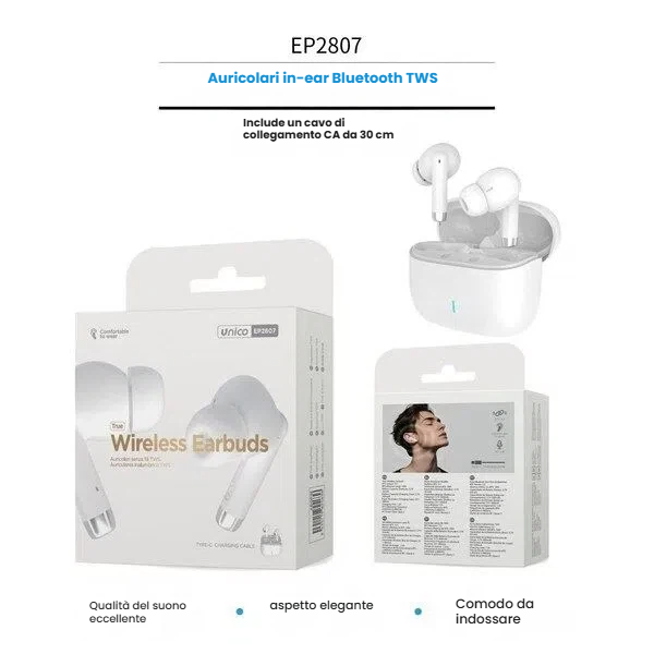 Confezione e auricolari wireless Unico EP2807 bianchi con cavo incluso - SUNTIMEMODA
