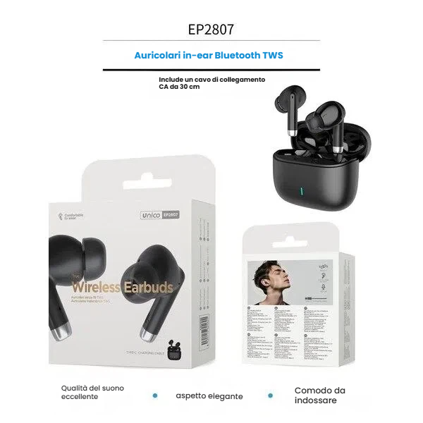 Confezione e auricolari wireless Unico EP2807 neri con cavo incluso - SUNTIMEMODA