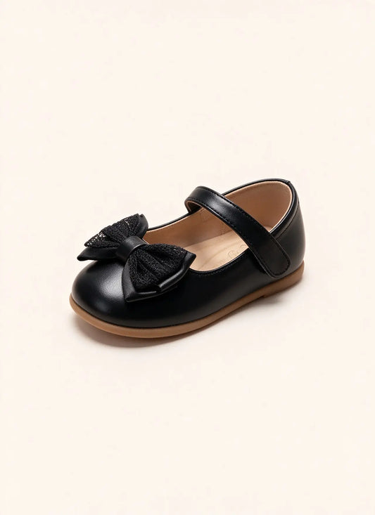 Classica ballerina nera per bambina (primi passi) con pratico cinturino a strappo e decorazione con fiocco in pizzo nero - SUNTIMEMODA