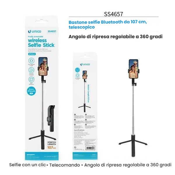 Bastone selfie estensibile a 107cm con treppiede e telecomando bluetooth per smartphone - Suntime Moda