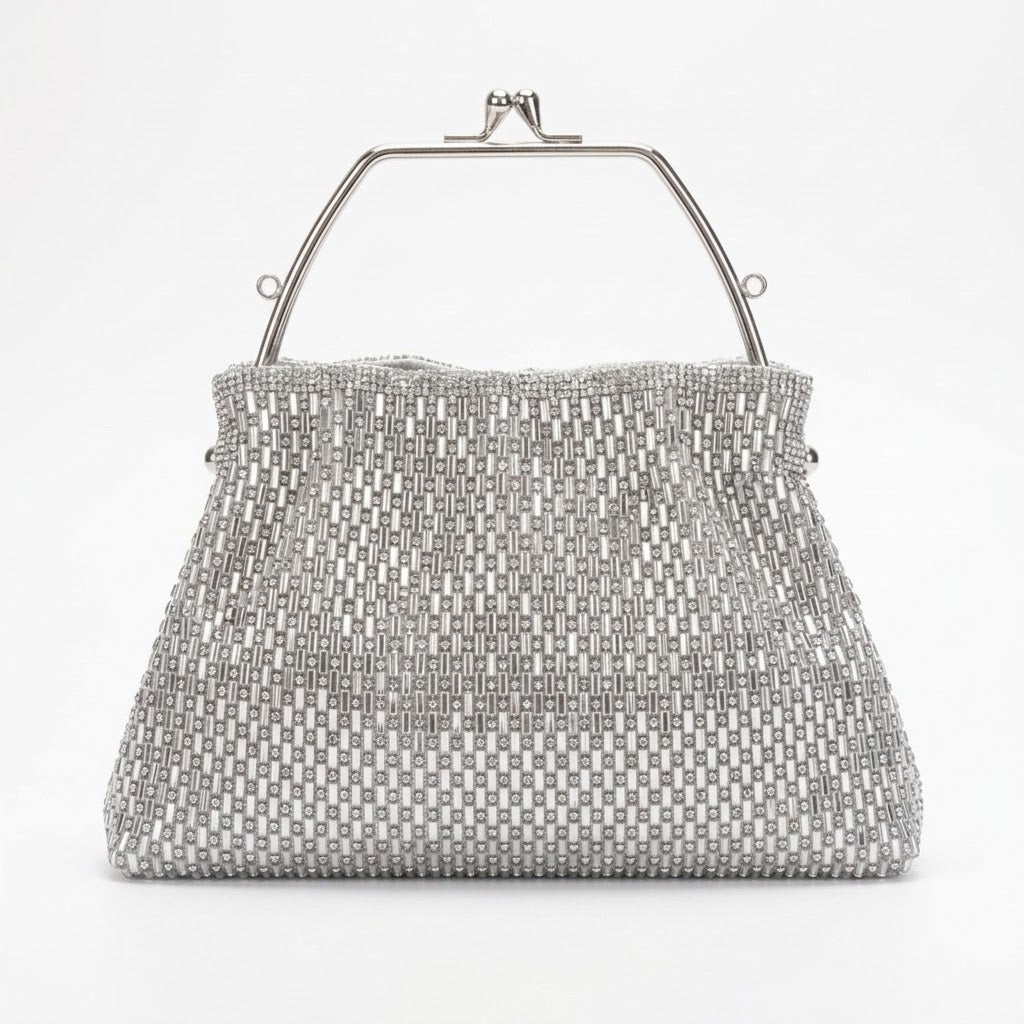 Borsa da sera argentata con perline e manico in metallo - SUNTIMEMODA