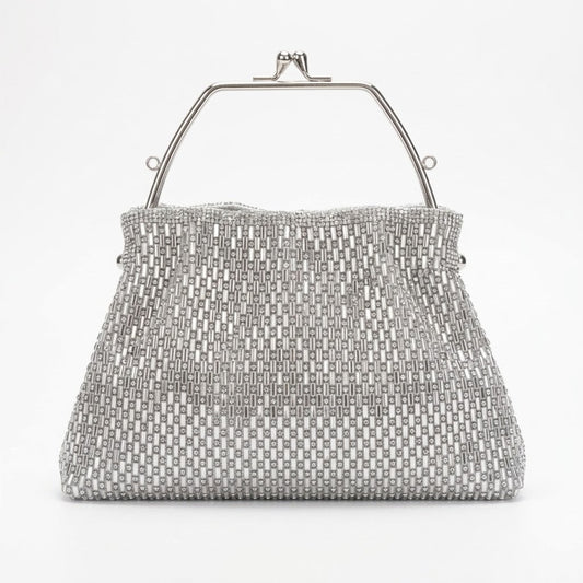 Borsa da sera argentata con perline e manico in metallo - SUNTIMEMODA