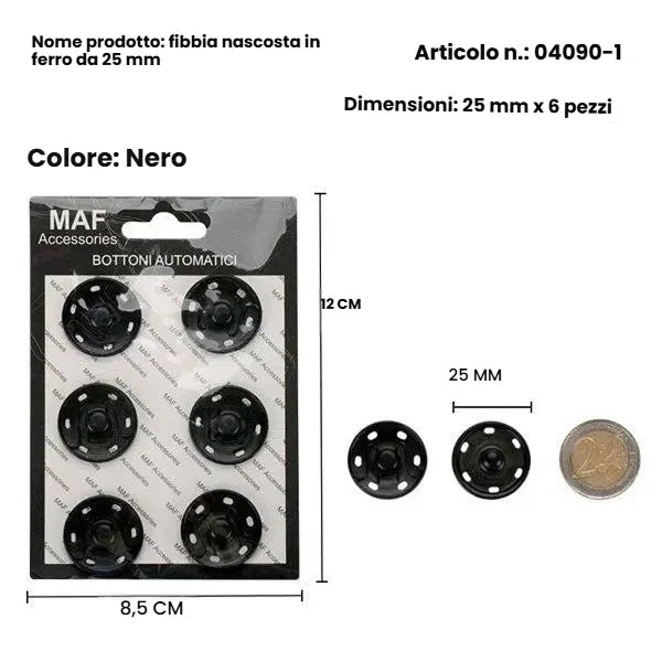 Set 6 bottoni a pressione neri in metallo 25mm da cucire per chiusure invisibili su capi scuri - SUNTIMEMODA