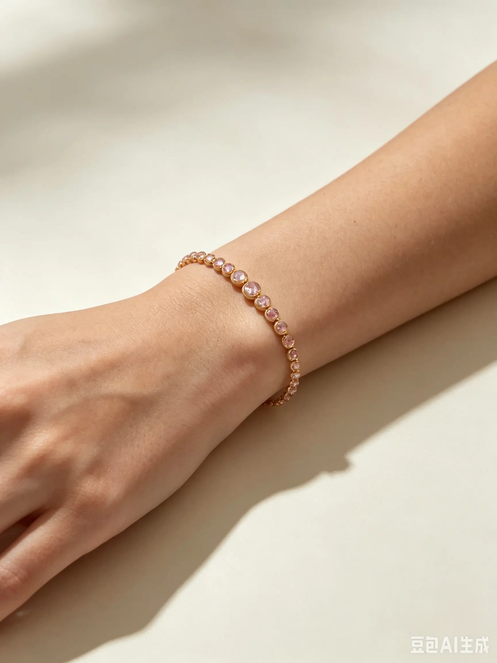 Donna che indossa un delicato bracciale dorato con cristalli rosa e rosa chiaro alternati sul polso - SUNTIMEMODA