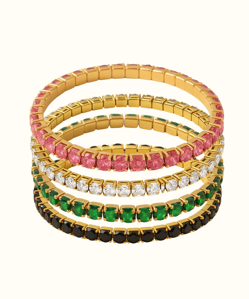 Bracciale modello Glow stile tennis con pietre colorate incastonate su sfondo bianco per un tocco di luce - Suntime Moda