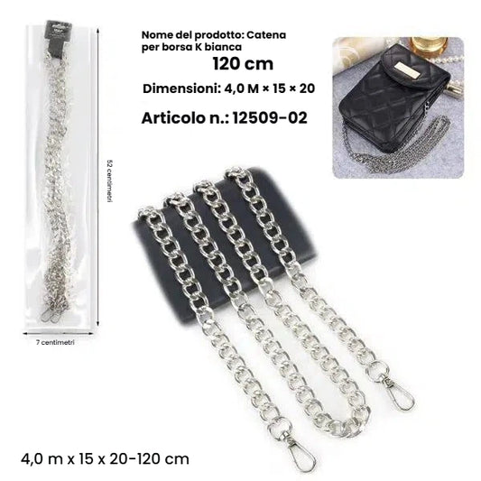 Catena di ricambio per borsa colore argento (bianco k) 120 cm maglia ovale robusta - SUNTIMEMODA