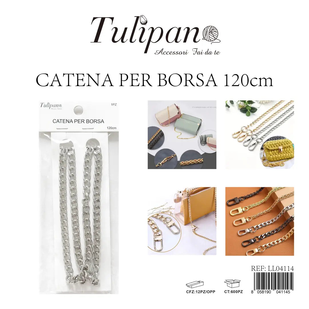Catena per borsa in metallo argentato Tulipan lunga 120 cm, ideale per tracolla fai-da-te, articolo LL04114 - SUNTIMEMODA