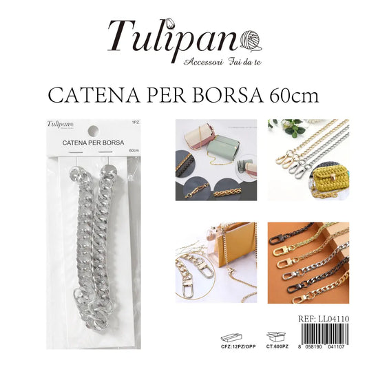 Catena corta per borsa a spalla in metallo argentato Tulipan, 60 cm, articolo LL04110 - SUNTIMEMODA