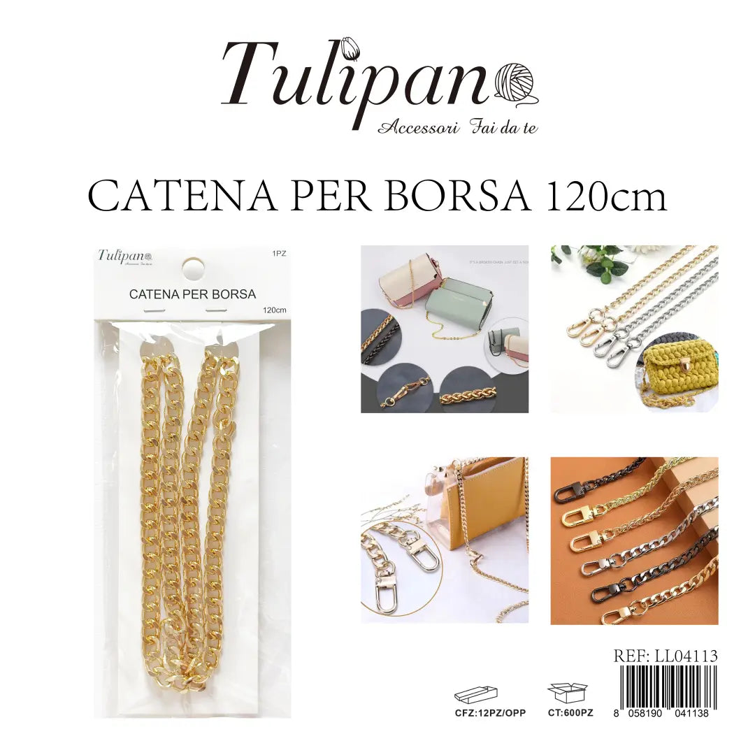 Catena per borsa in metallo dorato Tulipan lunga 120 cm, ideale per tracolla fai-da-te, articolo LL04113 - SUNTIMEMODA