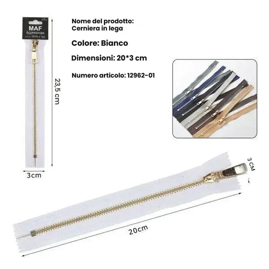 Zip bianca 20cm con cursore oro chiaro per sartoria e riparazioni fai da te - SUNTIMEMODA