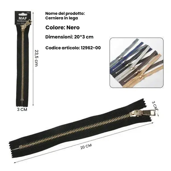 Cerniera lampo nera 20cm in metallo con denti dorati per astucci e piccole borse - SUNTIMEMODA