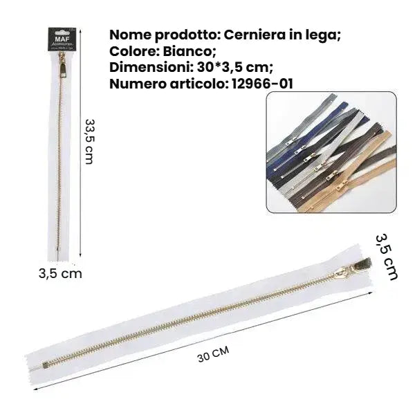 Zip lunga bianca 30cm elegante con finitura oro chiaro per borse in tessuto o pelle - SUNTIMEMODA