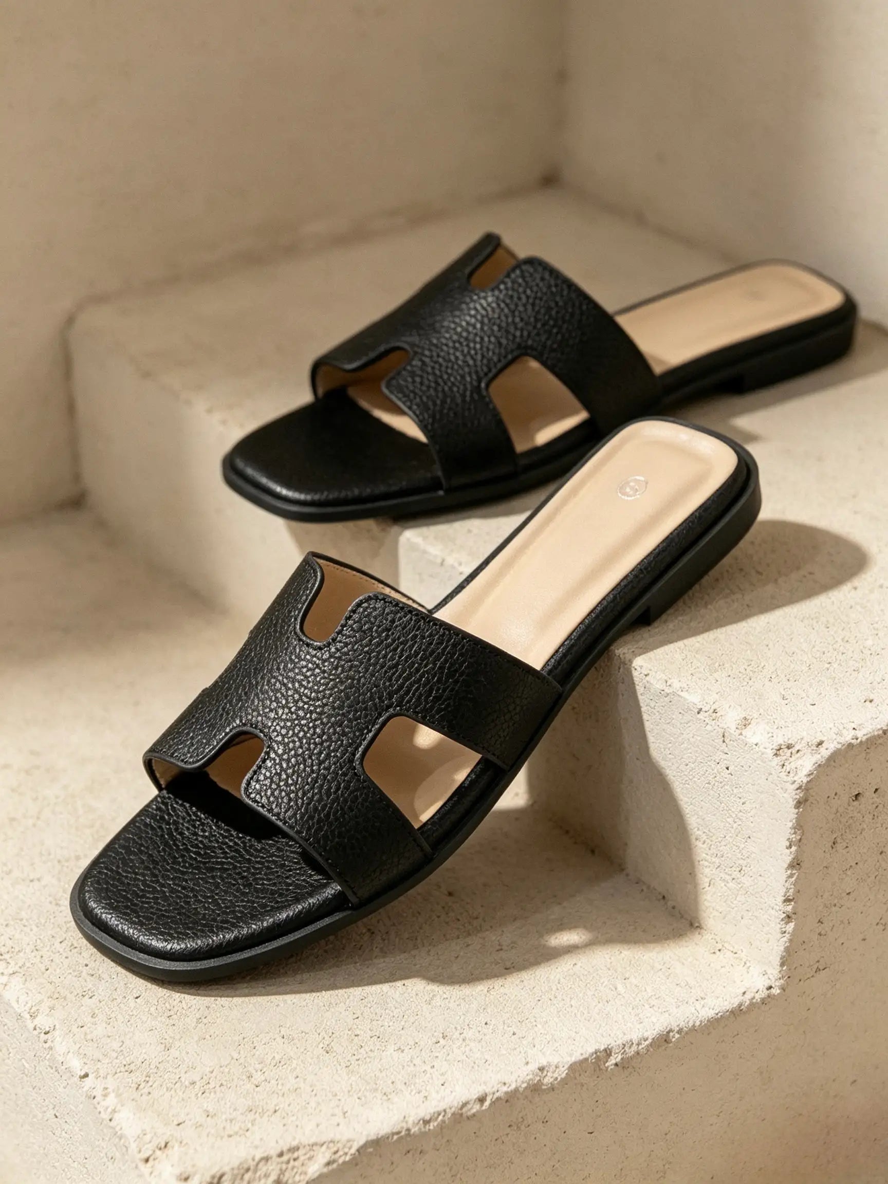 Ciabatte slide da donna nere con fascia ad H in ecopelle effetto martellato, posate su gradini in pietra chiara - SUNTIMEMODA