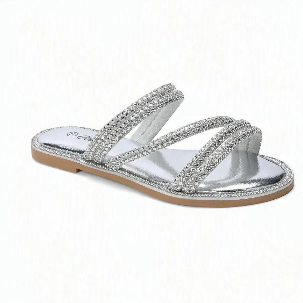 Ciabatte slide da donna color argento con listini multipli rivestiti di strass su sfondo bianco - SUNTIMEMODA