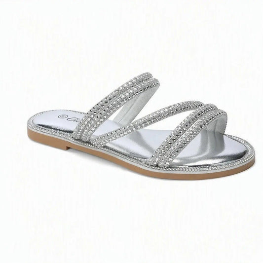 Ciabatte slide da donna color argento con listini multipli rivestiti di strass su sfondo bianco - SUNTIMEMODA