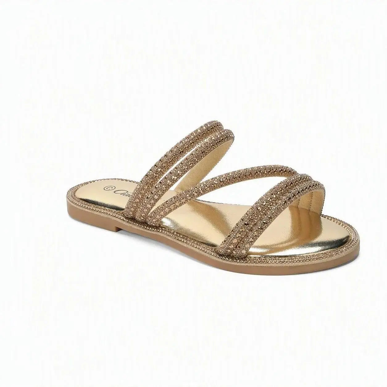 Ciabatte slide da donna color champagne con listini multipli rivestiti di strass su sfondo bianco - SUNTIMEMODA