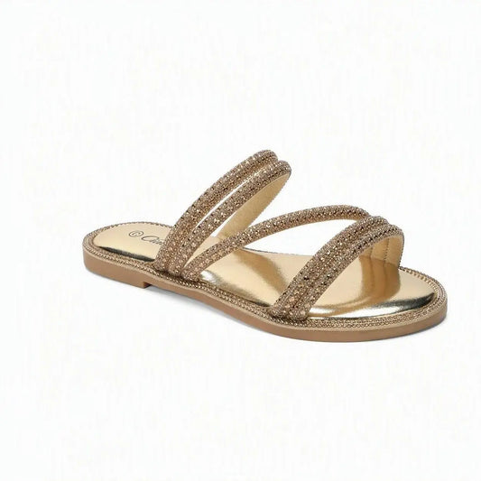 Ciabatte slide da donna color champagne con listini multipli rivestiti di strass su sfondo bianco - SUNTIMEMODA