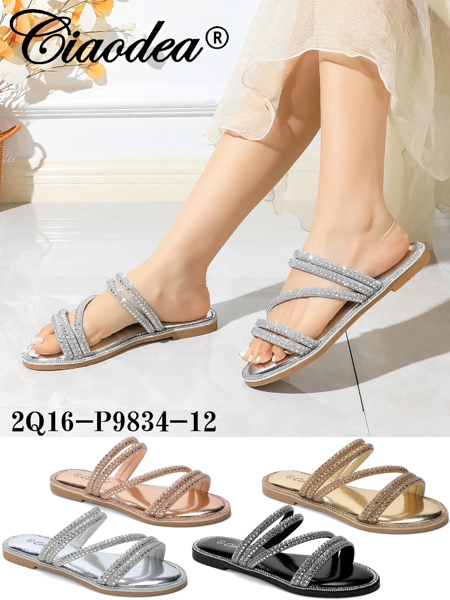 Donna che indossa ciabatte slide argento con strass, con assortimento di colori nero, champagne e oro rosa - SUNTIMEMODA