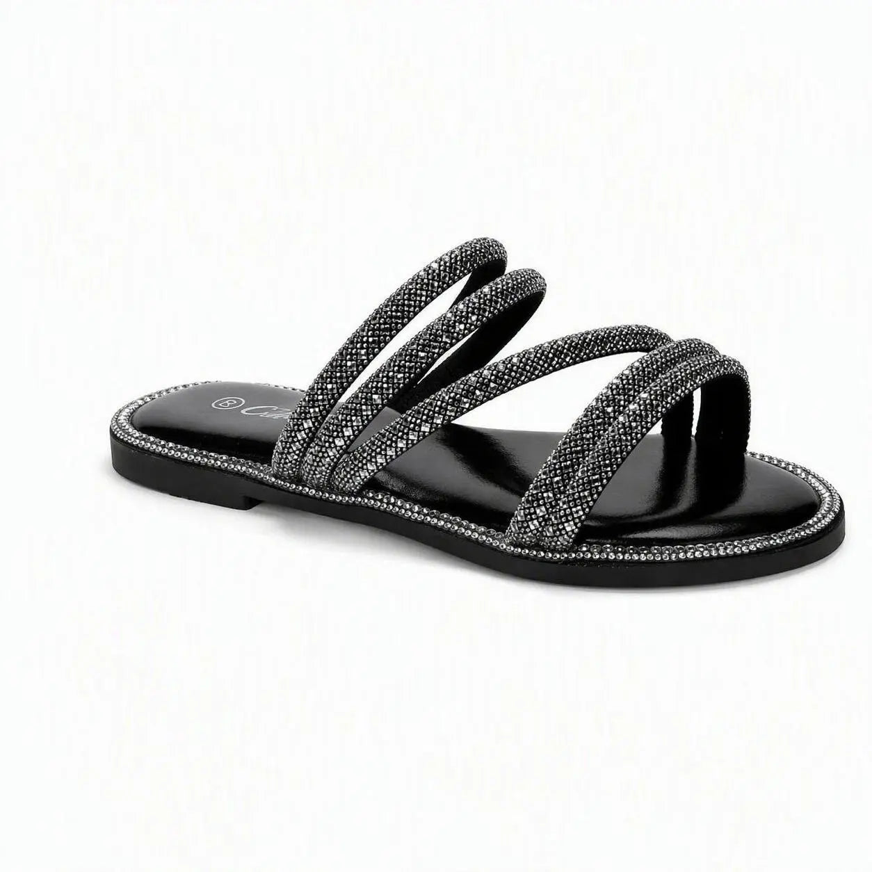 Ciabatte slide da donna color nero con listini multipli rivestiti di strass su sfondo bianco - SUNTIMEMODA