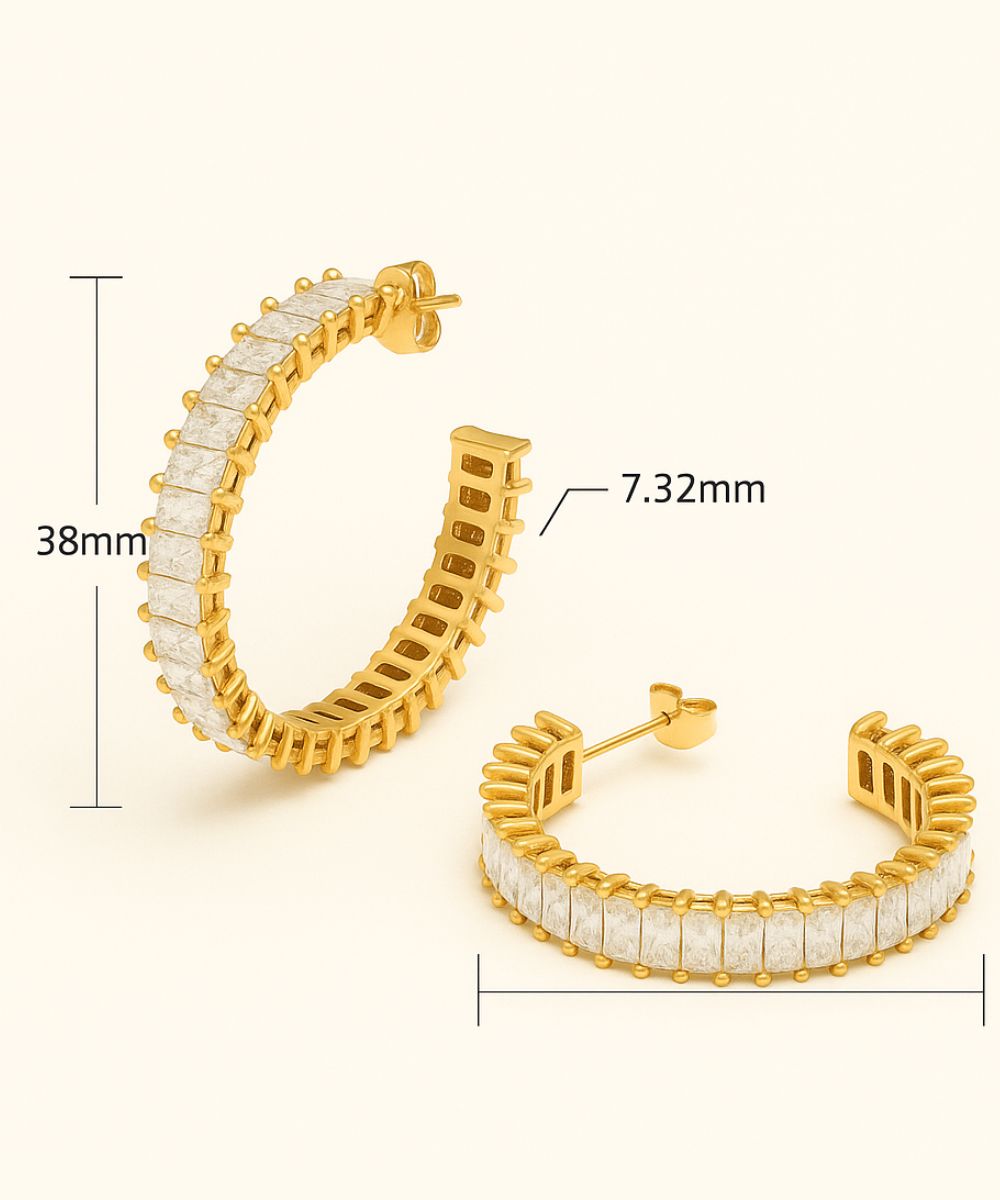 Schema con misure degli orecchini a cerchio Zirconi Big: diametro 38mm e larghezza 7.32mm - Suntime Moda