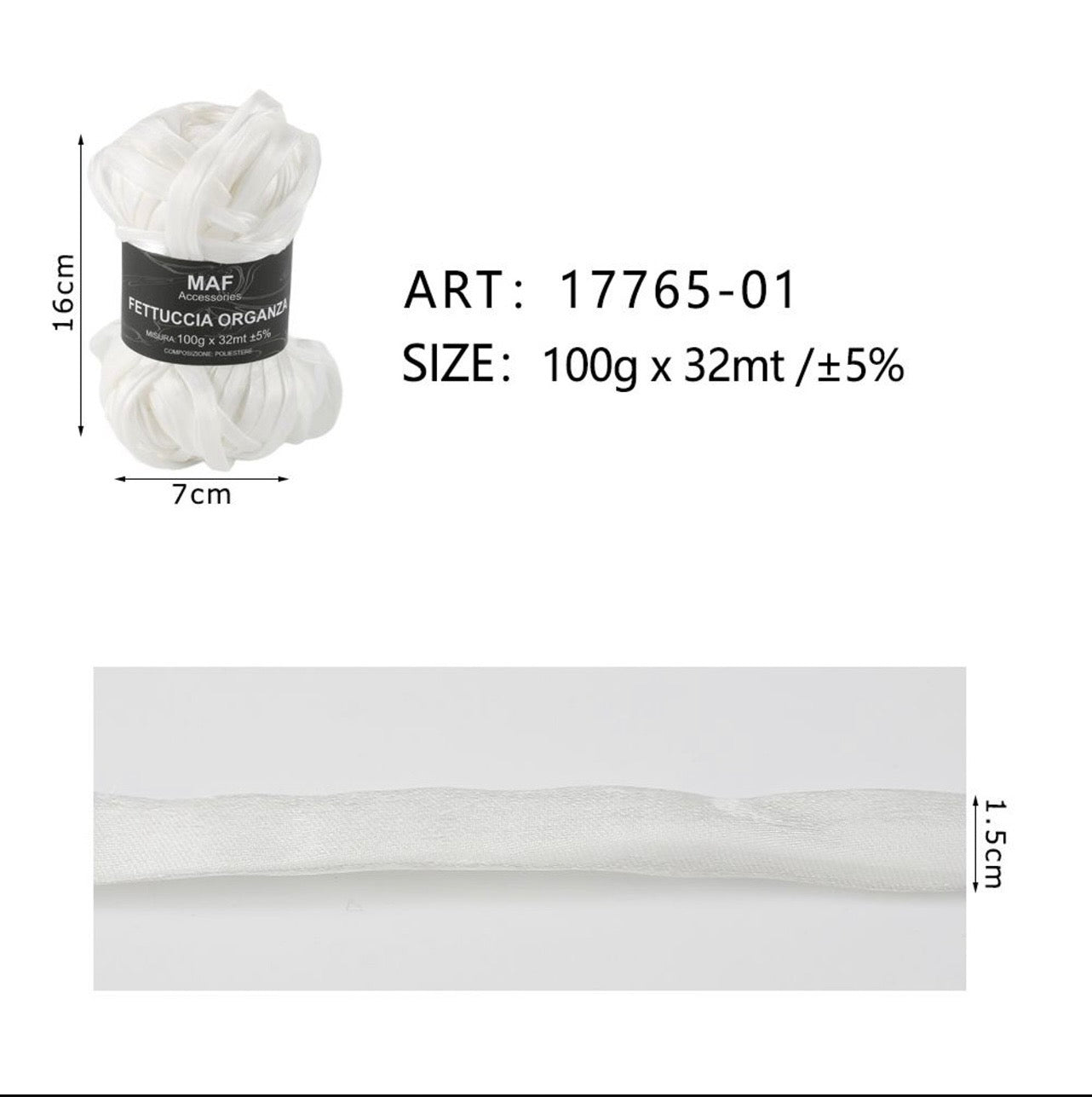 Gomitolo di fettuccia organza bianca da 100g per lavori all'uncinetto, articolo 17765-01 - SUNTIMEMODA