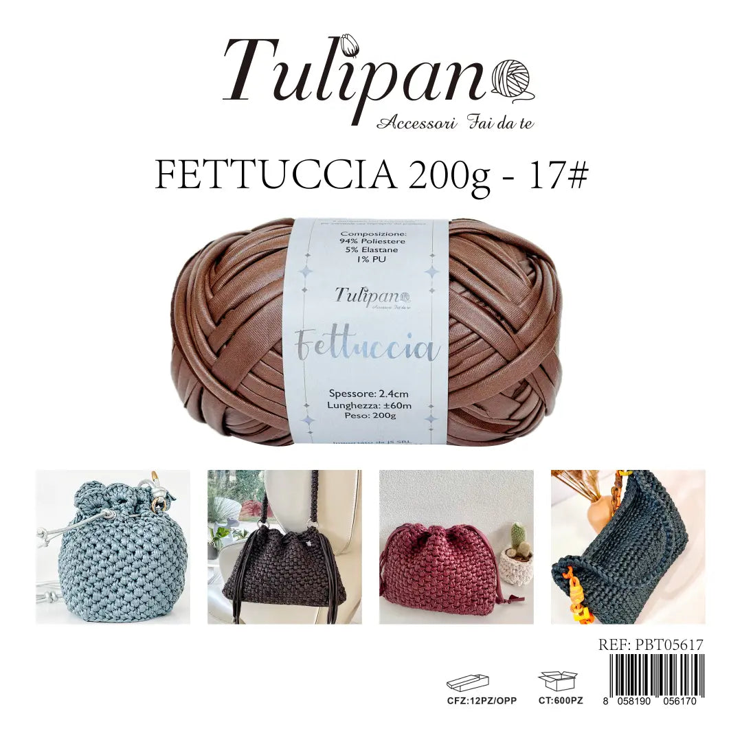 Gomitolo di fettuccia effetto ecopelle Tulipan colore marrone (17#), 200g, per borse all'uncinetto, articolo PBT05617 - SUNTIMEMODA