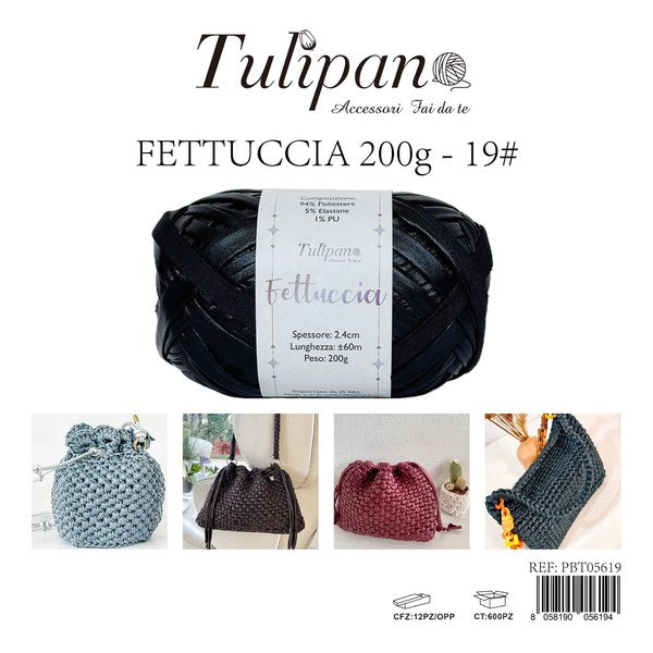 Gomitolo di fettuccia effetto ecopelle Tulipan colore nero (19#), 200g, per borse strutturate, articolo PBT05619 - SUNTIMEMODA