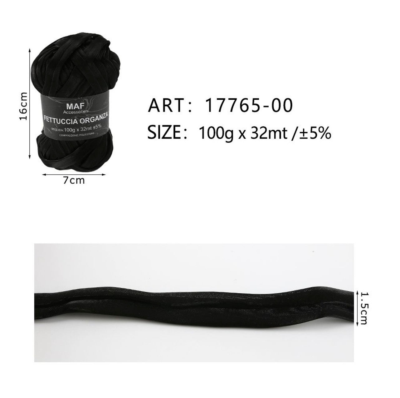 Gomitolo di fettuccia organza nera da 100g per lavori all'uncinetto, articolo 17765-00 - SUNTIMEMODA