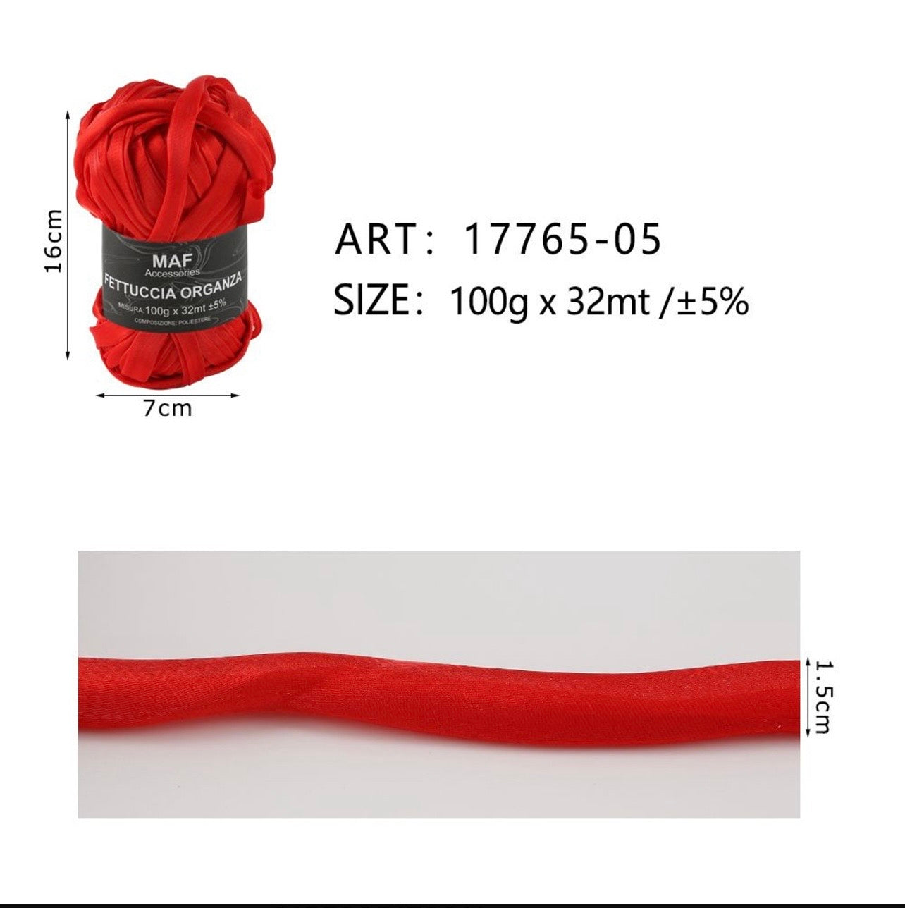 Gomitolo di fettuccia organza rossa da 100g per lavori all'uncinetto, articolo 17765-05 - SUNTIMEMODA