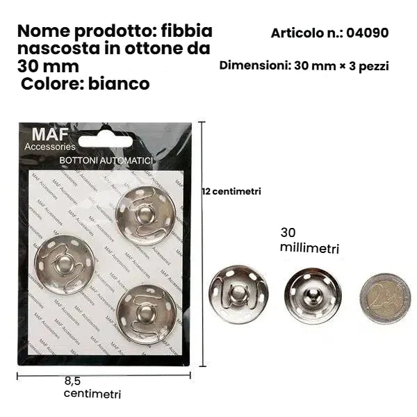 Set 3 bottoni a pressione grandi in ottone argentato 30mm per sartoria e pelletteria - SUNTIMEMODA