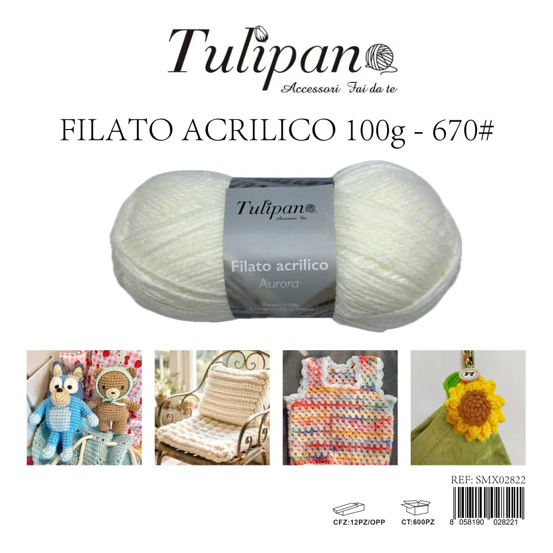 Gomitolo di filato acrilico bianco Tulipan Aurora 100g (colore 670#) per maglia e uncinetto, articolo SMX02822 - SUNTIMEMODA