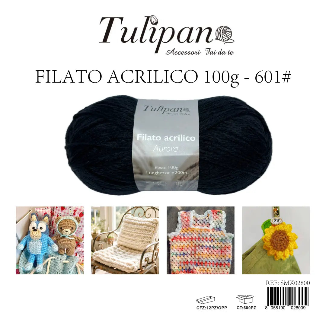 Gomitolo di filato acrilico nero Tulipan Aurora 100g (colore 601#) per lavori all'uncinetto, articolo SMX02800 - SUNTIMEMODA