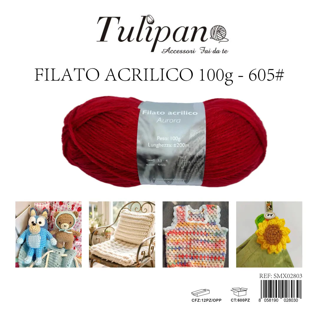 Gomitolo di filato acrilico rosso Tulipan Aurora 100g (colore 605#) per fai-da-te, articolo SMX02803 - SUNTIMEMODA