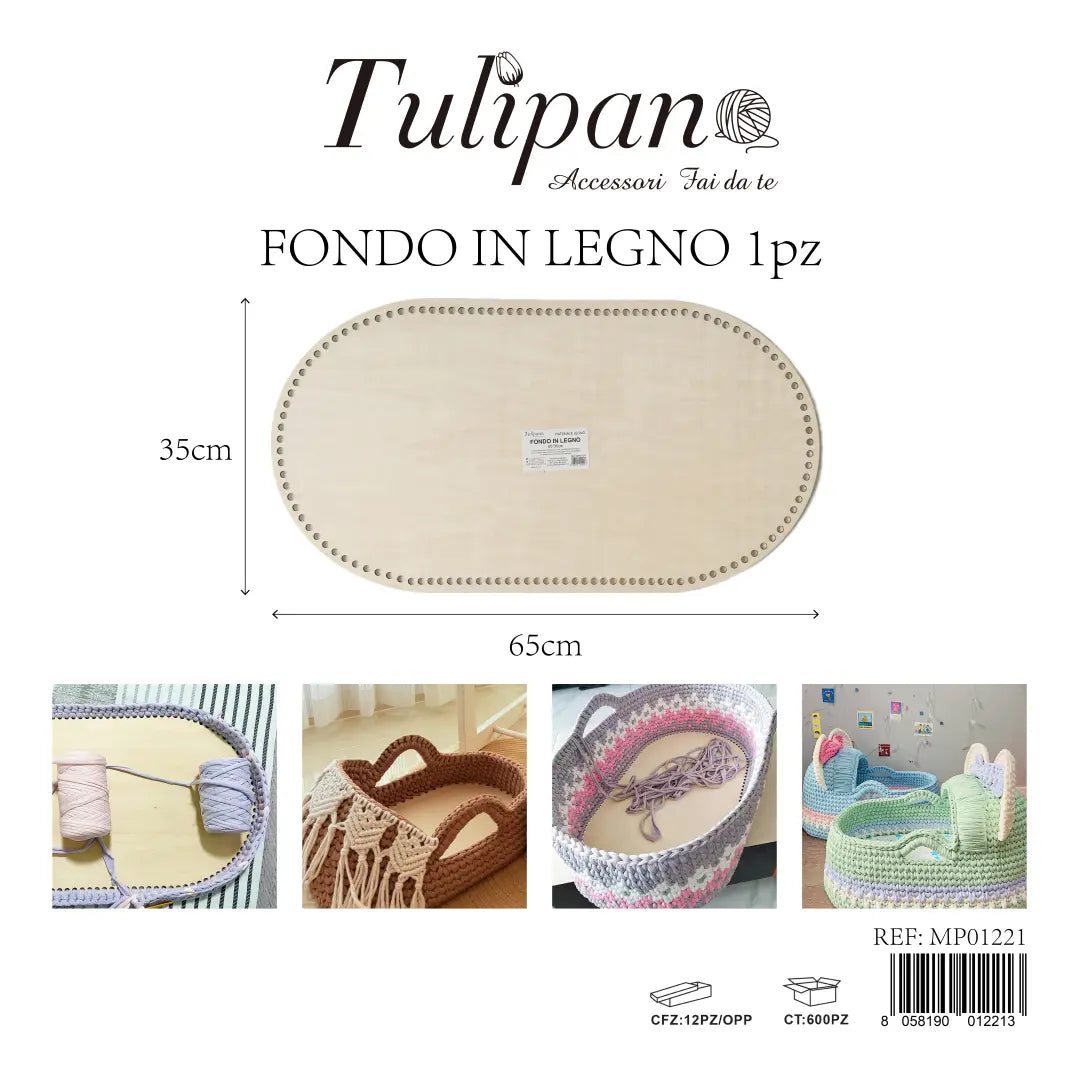 Fondo in legno ovale forato Tulipan misura 65x35 cm per culle e cesti fai-da-te, articolo MP01221 - SUNTIMEMODA
