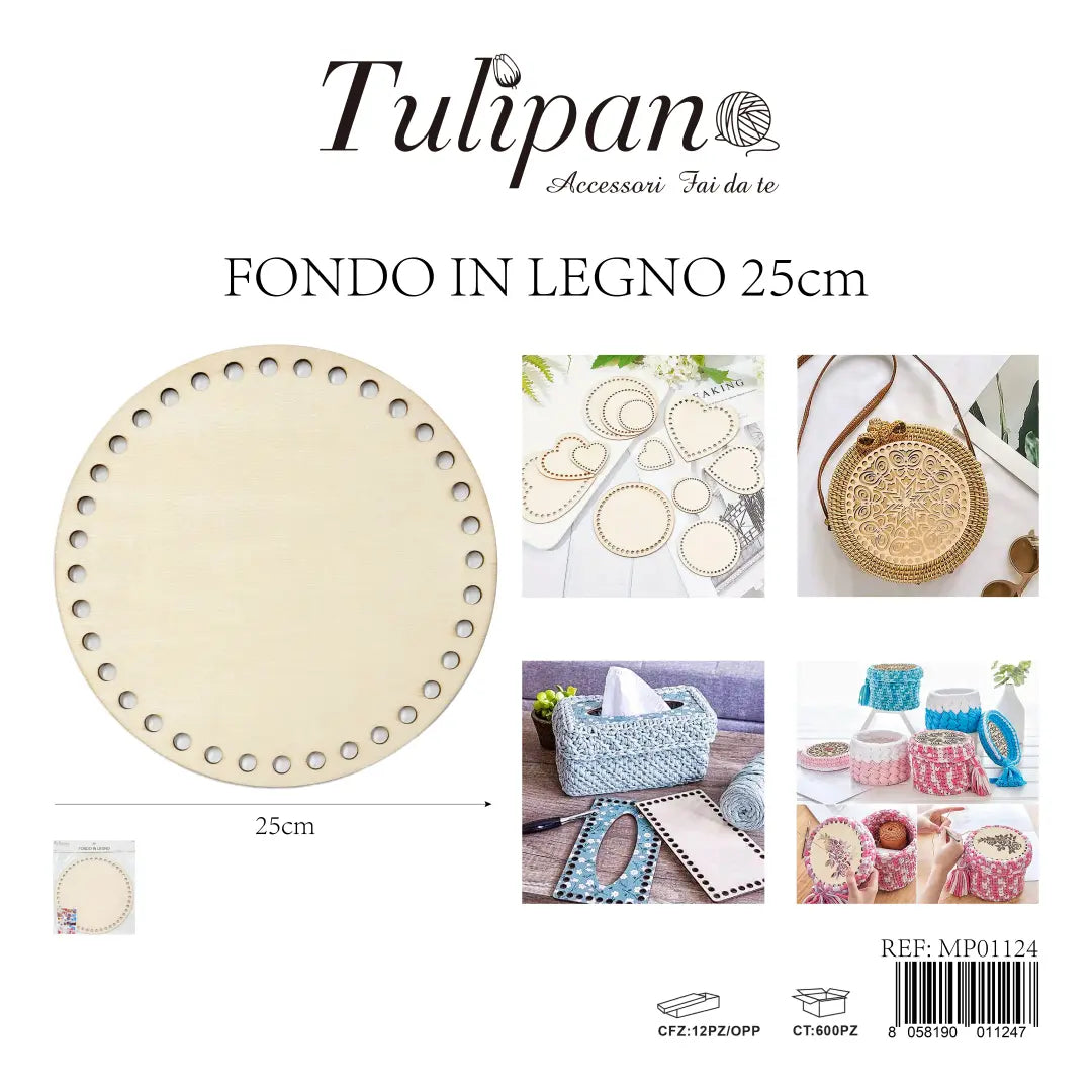 Fondo in legno rotondo forato Tulipan diametro 25 cm per borse e cestini all'uncinetto, articolo MP01124 - SUNTIMEMODA