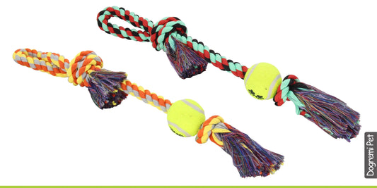 Gioco per cani lungo 55cm in corda di cotone intrecciata con palla da tennis per lancio - Suntime Moda