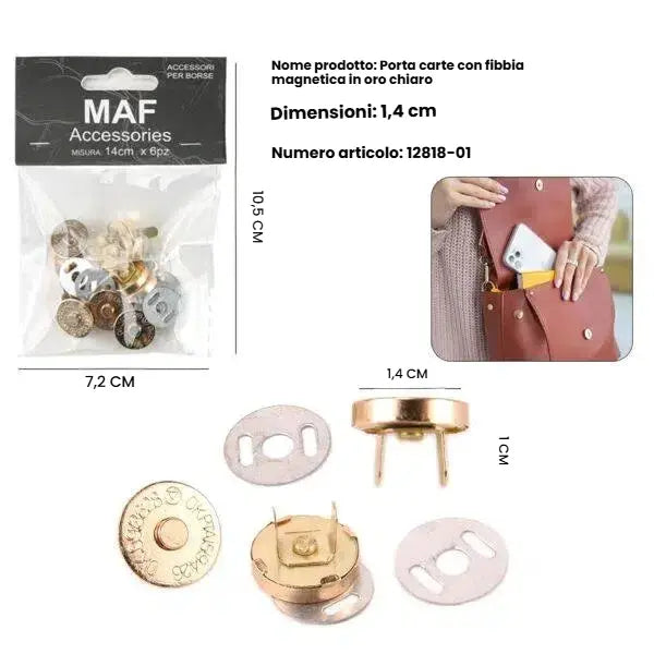 Set 6 bottoni magnetici oro chiaro per chiusura borse e portafogli fai da te - SUNTIMEMODA