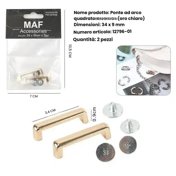 Set 2 ponti ad arco quadrati color oro chiaro per borse con viti di fissaggio - SUNTIMEMODA