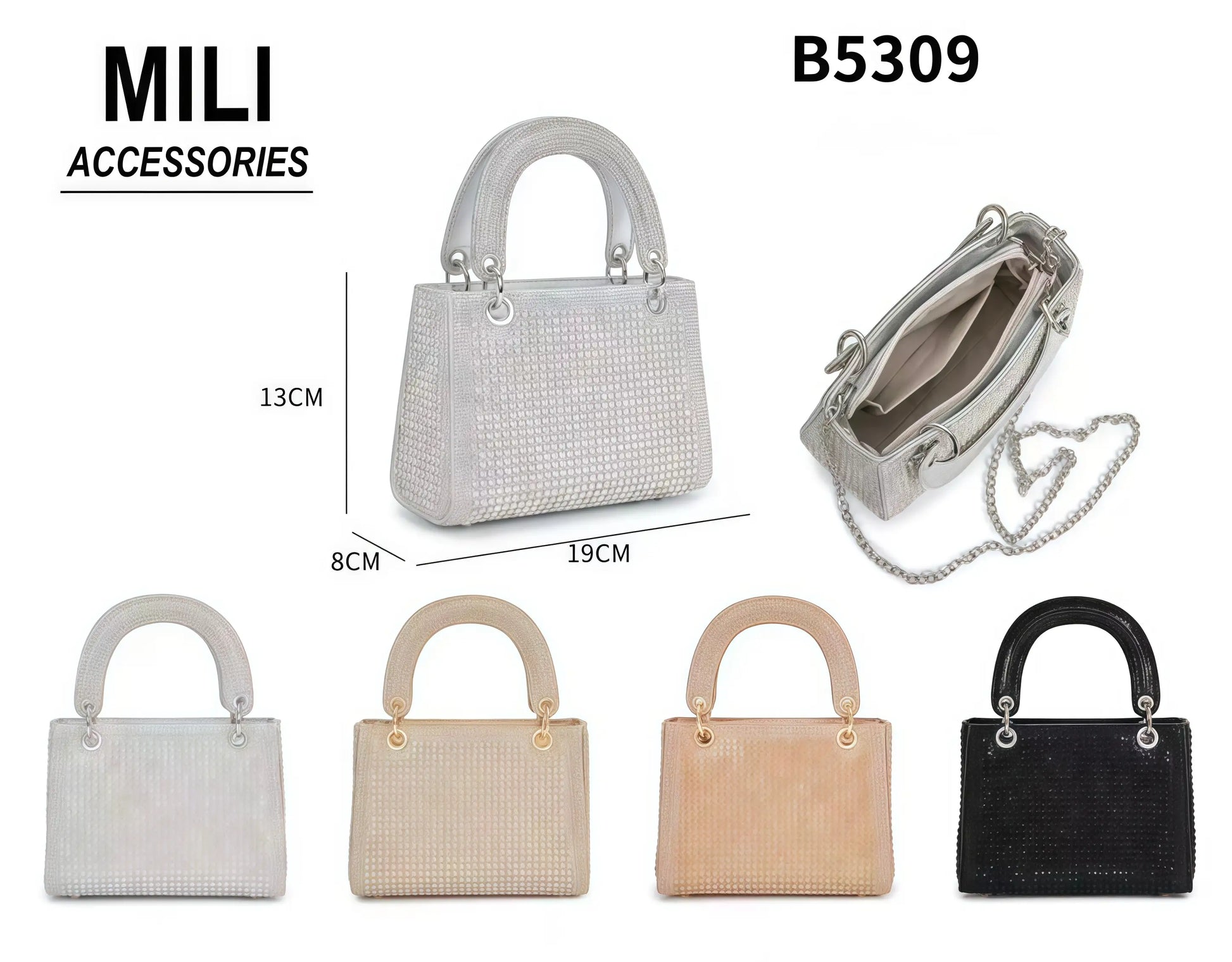 Assortimento di borse a mano MILI ACCESSORIES modello B5309 in strass nei colori argento, oro, oro rosa e nero, con dettaglio della tracolla a catena e dimensioni - SUNTIMEMODA