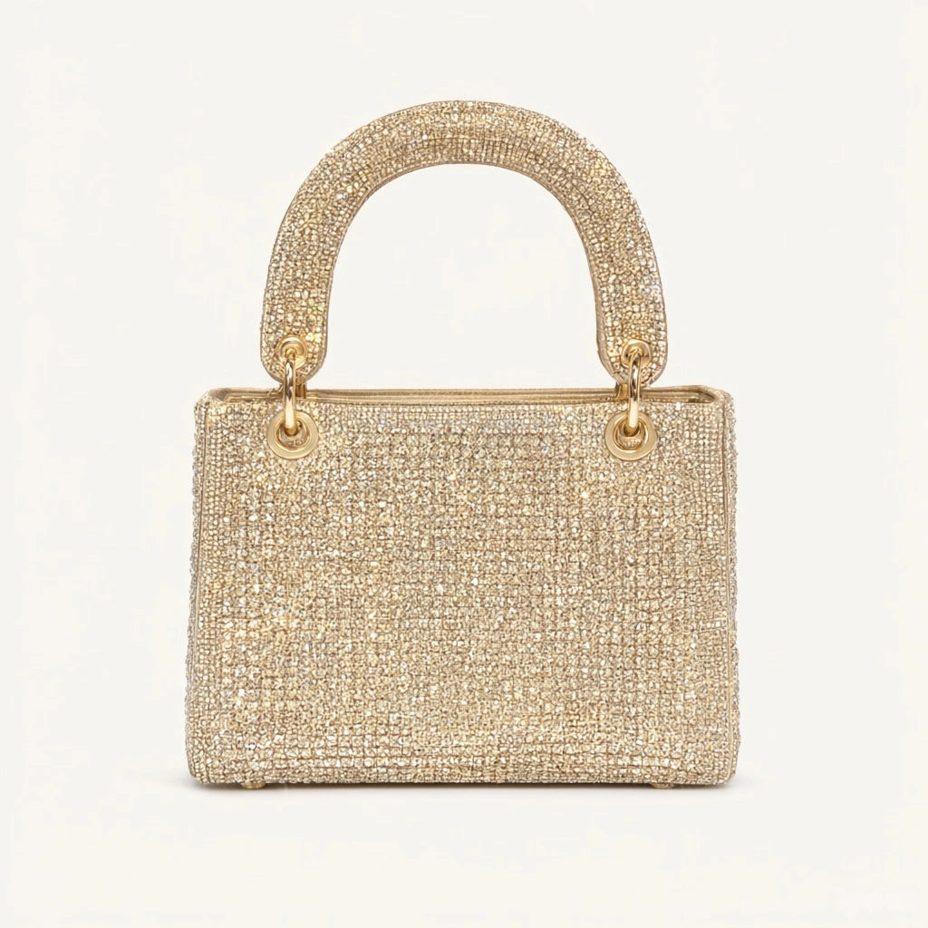 Mini borsa a mano dorata completamente rivestita di strass scintillanti con manico superiore - SUNTIMEMODA