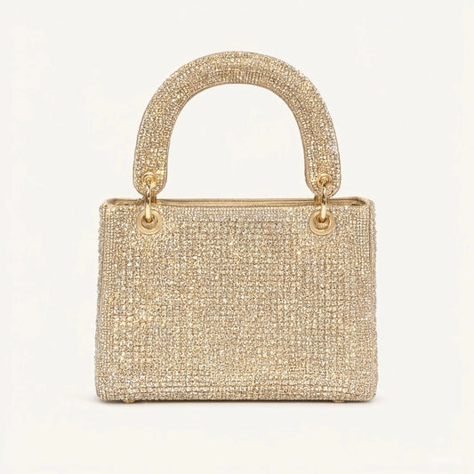 Mini borsa a mano dorata completamente rivestita di strass scintillanti con manico superiore - SUNTIMEMODA