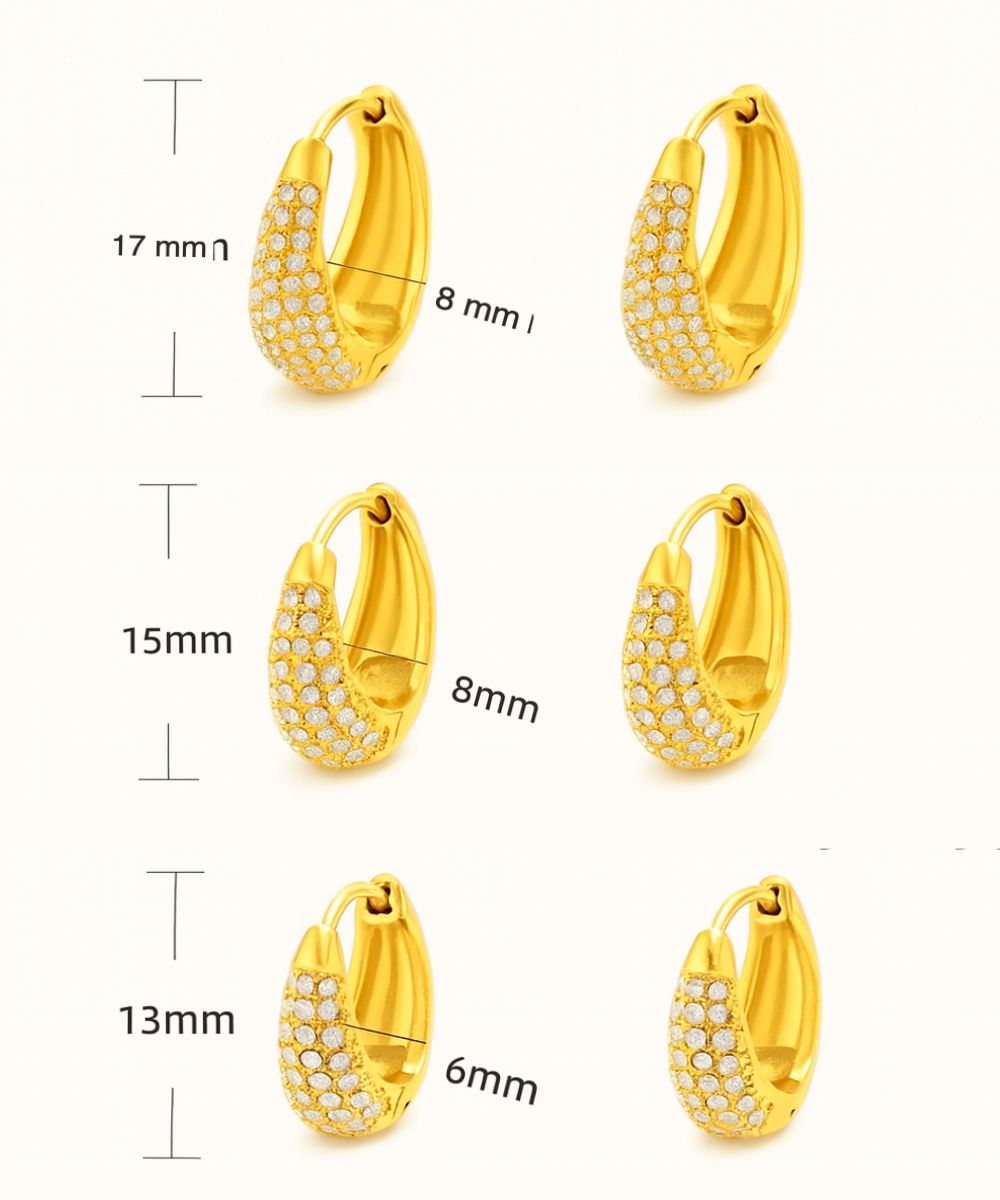 Guida alle taglie per orecchini Oval Lux con pavé di zirconi, disponibili in diverse altezze (13mm, 15mm, 17mm) - Suntime Moda