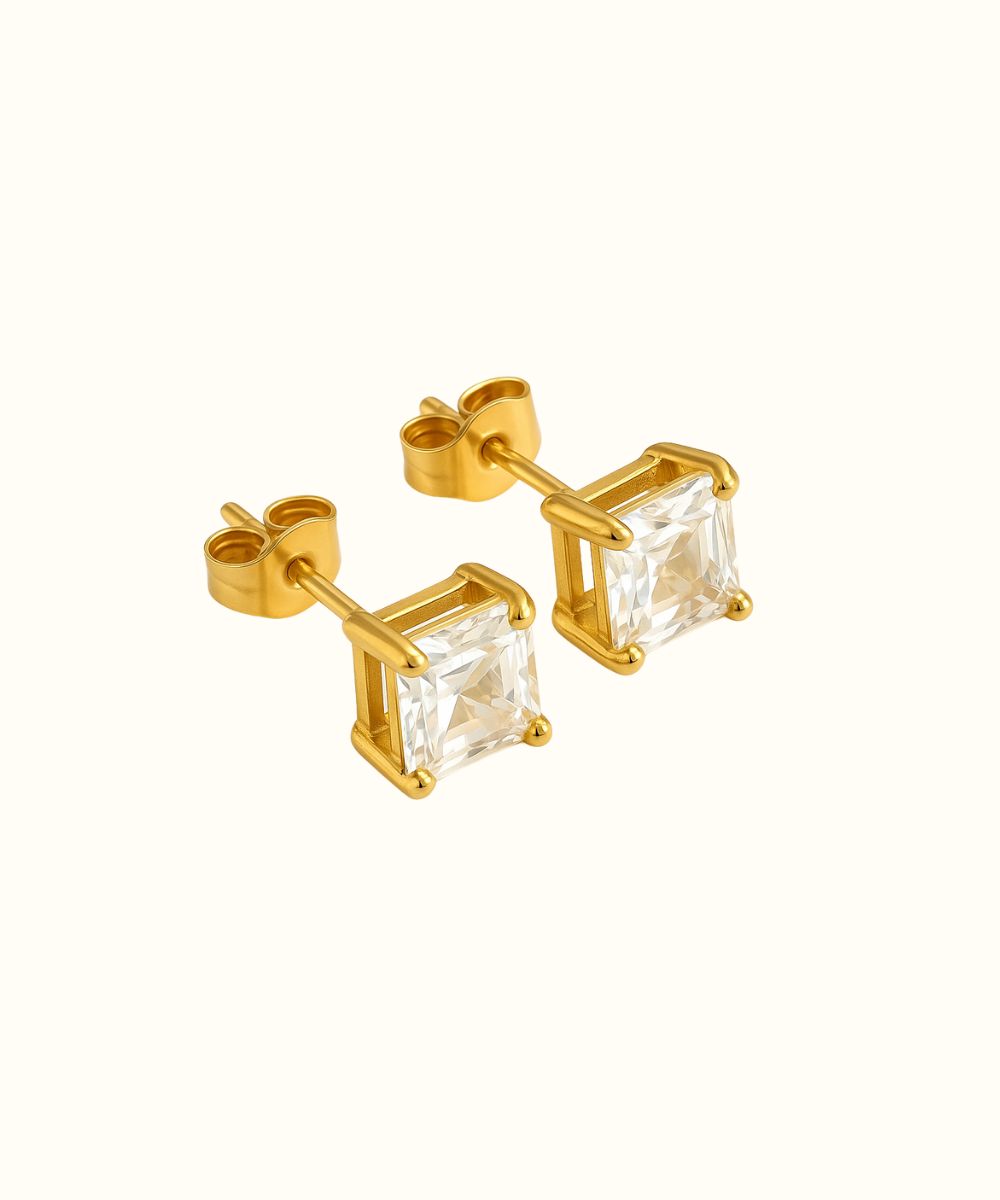 Orecchini classici punto luce quadrati con cristallo bianco trasparente e brillante - Suntime Moda