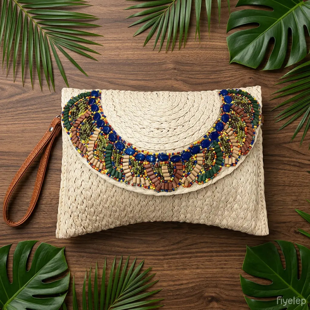 Pochette estiva in paglia intrecciata beige con ricamo etnico di perline, posata su un tavolo di legno con foglie tropicali - SUNTIMEMODA