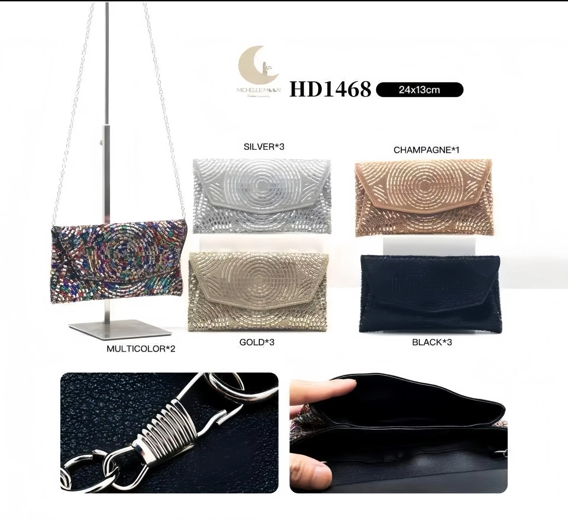 Assortimento pochette Michelle Moon HD1468 in argento, champagne, oro, nero e multicolore con dettaglio catena e interno - SUNTIMEMODA