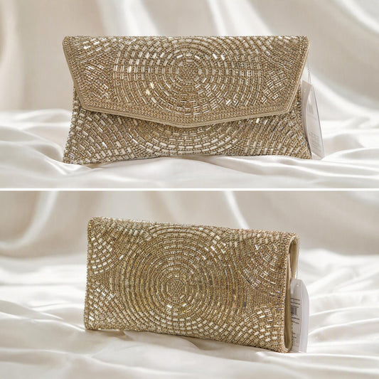 Pochette da sera a busta dorata con perline scintillanti - SUNTIMEMODA