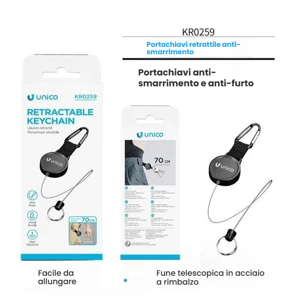Portachiavi estensibile con gancio in acciaio inossidabile e cordino elastico - Suntime Moda